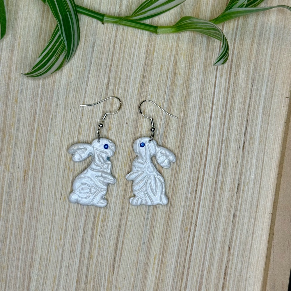 Pearl White Bunny Earrings | Handmade | Whimsical Spring Cottagecore Dangles